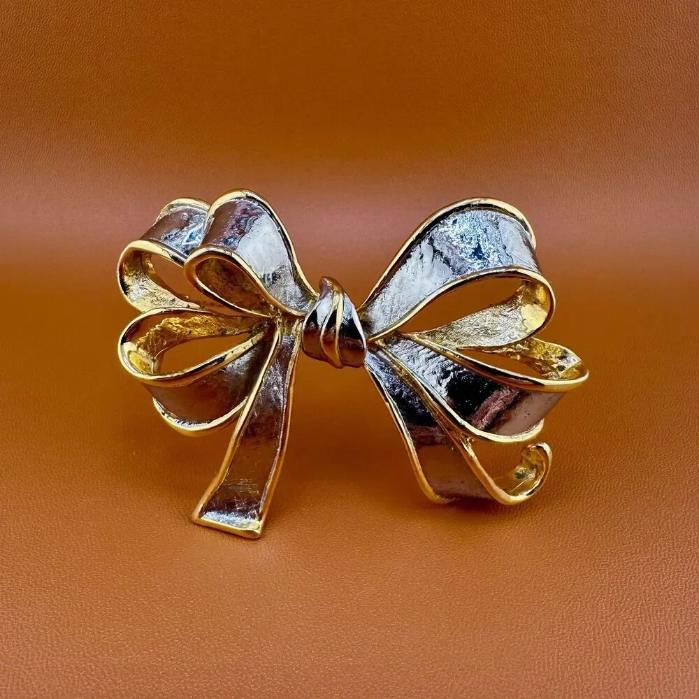 Vintage Bow Brooch Pin Large Gold Silver Tone Statement Ribbon Two Tone 3